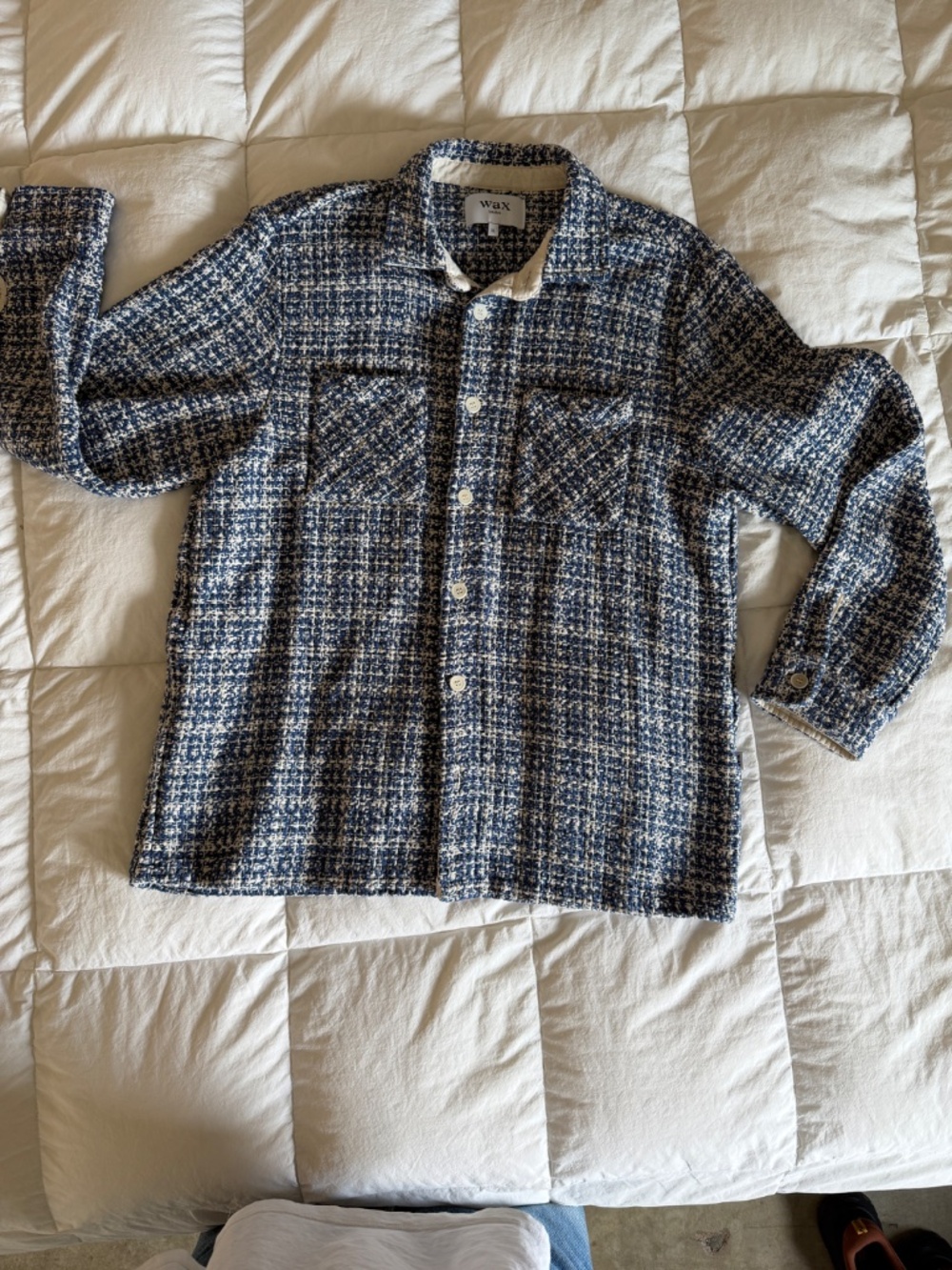XL Wax London overshirt in blue and white
